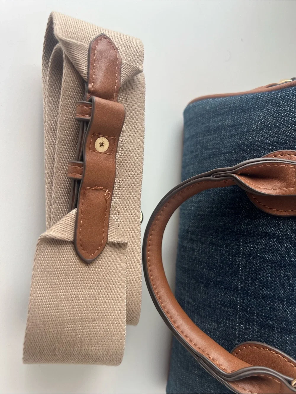True Religion Denim Satchel in Dark Blue with Brown Trim & Gold Hardware